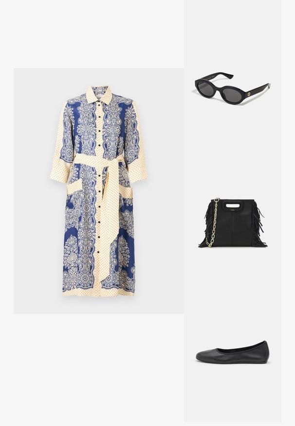 Hemdblusenkleid mit einem Marineblau- und Cremefarbenschema, floralen Mustern, Pünktchen, Dreiviertelärmel und einem Taillengürtel.; Schwarze Leder-Ballettschuhe mit abgerundeter Spitze, glatter Textur, minimalen Nähdetails und einem flexiblen Sohlen-Design.; Schwarze ovale Sonnenbrille mit dunklen Gläsern und glänzendem Kunststoffrahmen. Mit goldenem Logo am Bügel, das ein elegantes und modernes Design bietet.; Schwarze Lederhandtasche mit Fransen-Details, goldener Ketten-Schulterriemen und einem ausgeschnittenen Griff. Mit Logoplatzierung auf der Vorderseite.