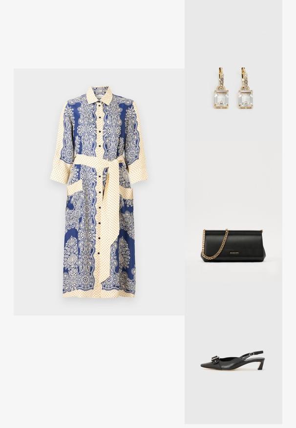 Overhemd jurk met een marineblauw en crèmekleurig kleurenschema, bloemmotieven, stippen, driekwart mouwen en een tailleband.; Zwarte leren slingback schoen met scherpe neus, kleine hak en decoratieve gespdetails op de bovenkant. Stijlvolle textuur, minimalistisch ontwerp.; Zwarte leren clutch tas met een gouden kettinghengsel, voorzien van een gladde textuur, rechthoekige vorm en reliëfmerk op de voorkant.; Gouden oorbellen met een rechthoekige, heldere kristal die onder een rij kleine, ronde heldere accenten hangt. Strak, modern ontwerp.