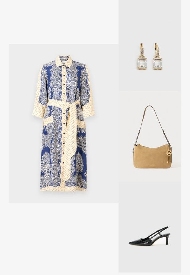 Robe chemise à boutons avec une palette de couleurs bleu marine et crème, motifs floraux, pois, manches trois-quarts et une ceinture à la taille.; Escarpin slingback en vernis noir avec un bout pointu, présentant un imprimé serpent texturé, une sangle réglable et un petit talon bloc texturé.; Sac à épaule en suède beige avec une forme courbée, quincaillerie dorée et fermeture éclair. Possède un charm attaché avec les initiales "MK".; Boucles d'oreilles en or lumineux avec un cristal rectangulaire transparent pendent sous une rangée de petits accents ronds transparents. Design élégant et moderne.
