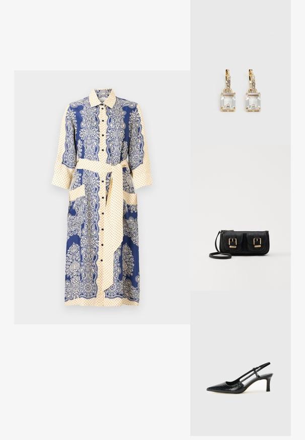 Robe chemise à boutons avec une palette de couleurs bleu marine et crème, motifs floraux, pois, manches trois-quarts et une ceinture à la taille.; Escarpin slingback en vernis noir avec un bout pointu, présentant un imprimé serpent texturé, une sangle réglable et un petit talon bloc texturé.; Sac en cuir noir porté en travers avec deux poches avant, boucles dorées, fermeture zippée et une sangle fine. Surface texturée et forme rectangulaire compacte.; Boucles d'oreilles en or lumineux avec un cristal rectangulaire transparent pendent sous une rangée de petits accents ronds transparents. Design élégant et moderne.