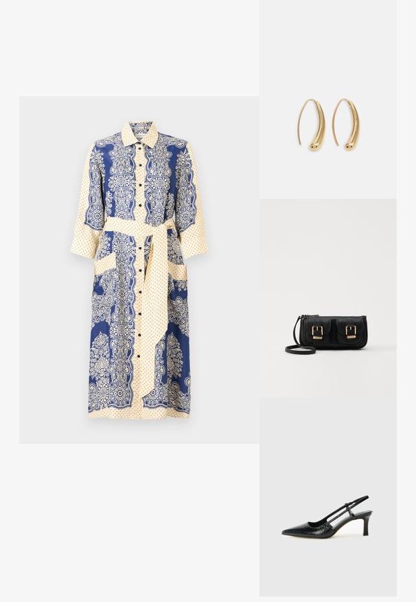 Vestito camicia con bottoni, caratterizzato da una combinazione di colori blu marino e crema, motivi floreali, pois, maniche a tre quarti e una cintura in vita.; Slingback con tacco in vernice nera con punta affusolata, caratterizzato da una stampa a serpente testurizzata, cinturino regolabile e un tacco corto e testurizzato.; Borsa a tracolla nera in pelle con due tasche frontali, fibbie dorate, chiusura con zip e una tracolla sottile. Superficie texturizzata e forma rettangolare compatta.; Orecchini a cerchio in metallo color oro con forma curva ed allungata. Presentano una superficie liscia e lucida e una punta arrotondata per un tocco di dettaglio in più.