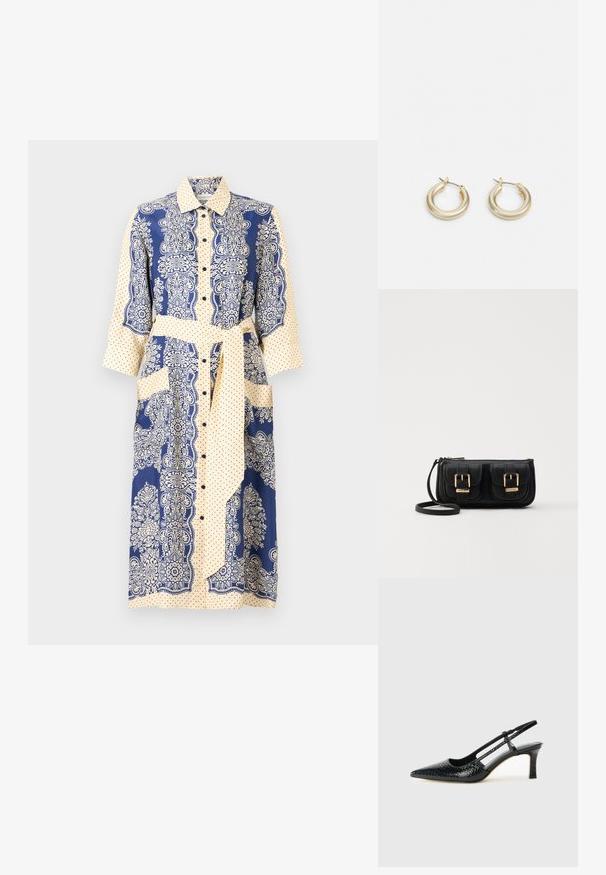 Vestito camicia con bottoni, caratterizzato da una combinazione di colori blu marino e crema, motivi floreali, pois, maniche a tre quarti e una cintura in vita.; Slingback con tacco in vernice nera con punta affusolata, caratterizzato da una stampa a serpente testurizzata, cinturino regolabile e un tacco corto e testurizzato.; Borsa a tracolla nera in pelle con due tasche frontali, fibbie dorate, chiusura con zip e una tracolla sottile. Superficie texturizzata e forma rettangolare compatta.; Lauren Ralph Lauren BASIC SMALL HOOP - Orecchini - gold-coloured