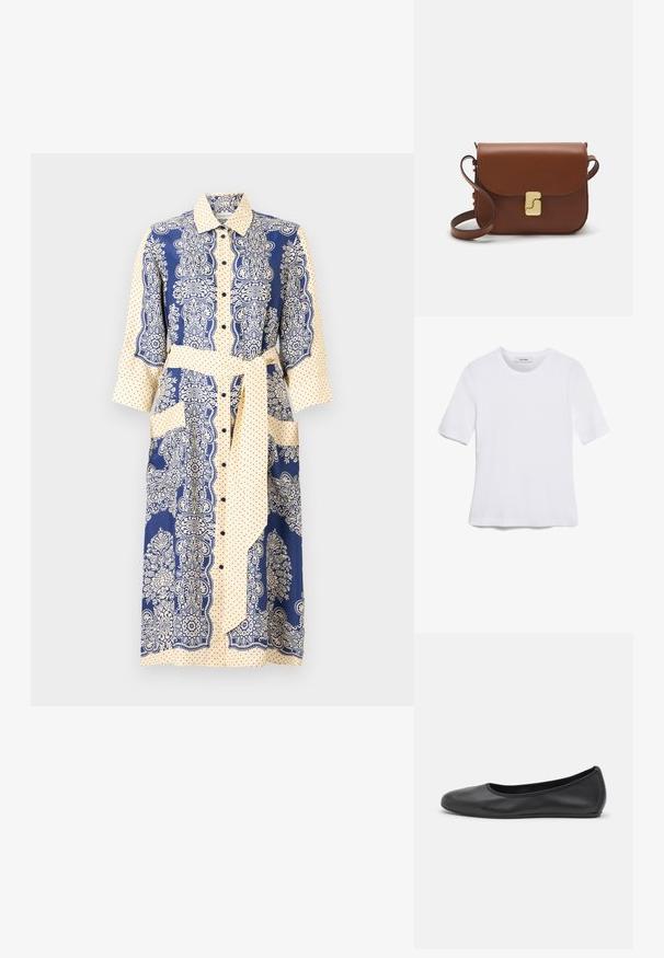 Poga krekla kleita ar tumši zilu un krēmkrāsu shēmu, ziedu rakstiem, punktiņiem, trīs ceturtdaļu piedurknēm un jostu jostasvietā.; Balta īsām piedurknēm T-krekls, izgatavots no ribota auduma. Apaļš izgriezums, regulāra piegriezuma un diskrēti šuvumu detaļas. Bez printiem vai grafikām.; Melna ādas baleta kurpe ar noapaļotu purngalu, gludu tekstūru, minimālu šuvju detalizāciju un elastīgu zoles dizainu.; Bordo ādas rokas soma ar atloku, zeltītām detaļām, plecu siksnu un gludu virsmu. Kompakta, taisnstūrveida forma.