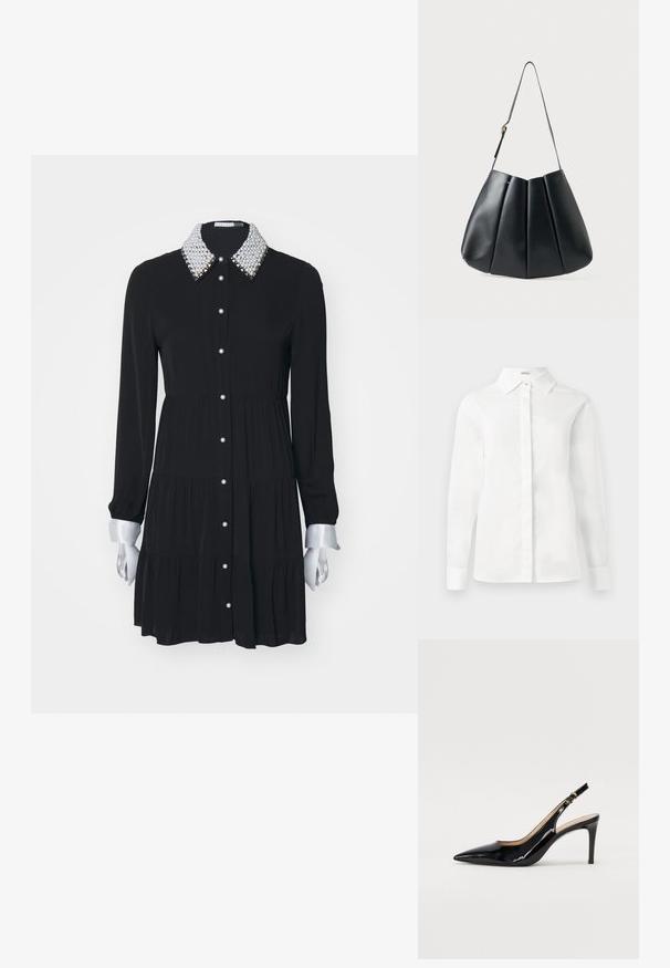 Vestido preto de mangas longas com um design em camadas, colarinho com pérolas, punhos prateados e fecho frontal com botões. Tecido suave e leve.; Camisa branca de manga longa feita de algodão macio, com colarinho pontudo, botões centrais e bainha reta com punhos abotoados.; Sandal com salto em verniz preto, bico fino, salto esguio e um design de recorte subtil. Apresenta uma fivela dourada na alça.; Bolsa de ombro em couro preto com design pregueado, textura suave, alça única e um discreto detalhe em dourado.