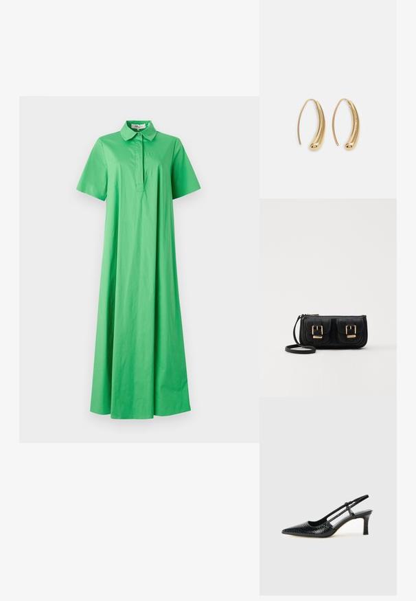 Zielona bawełniana sukienka z kołnierzykiem, krótkimi rękawami i luźnym, sięgającym podłogi krojem. Gładka tekstura bez widocznych wzorów.; Czarne lakierowane czółenka na obcasie typu slingback z wąskim noskiem, z teksturowanym wzorem wężowym, regulowanym paskiem oraz krótkim, teksturowanym obcasem w kształcie słupka.; Czarna skórzana torba na ramię z dwoma przednimi kieszeniami, złotymi klamrami, zamkiem błyskawicznym i cienkim paskiem. Teksturowana powierzchnia i kompaktowy prostokątny kształt.; Złote metalowe kolczyki w kształcie obręczy o zakrzywionym, wydłużonym kształcie. Posiadają gładką, błyszczącą powierzchnię oraz zaokrąglony koniec dla dodatkowego efektu.
