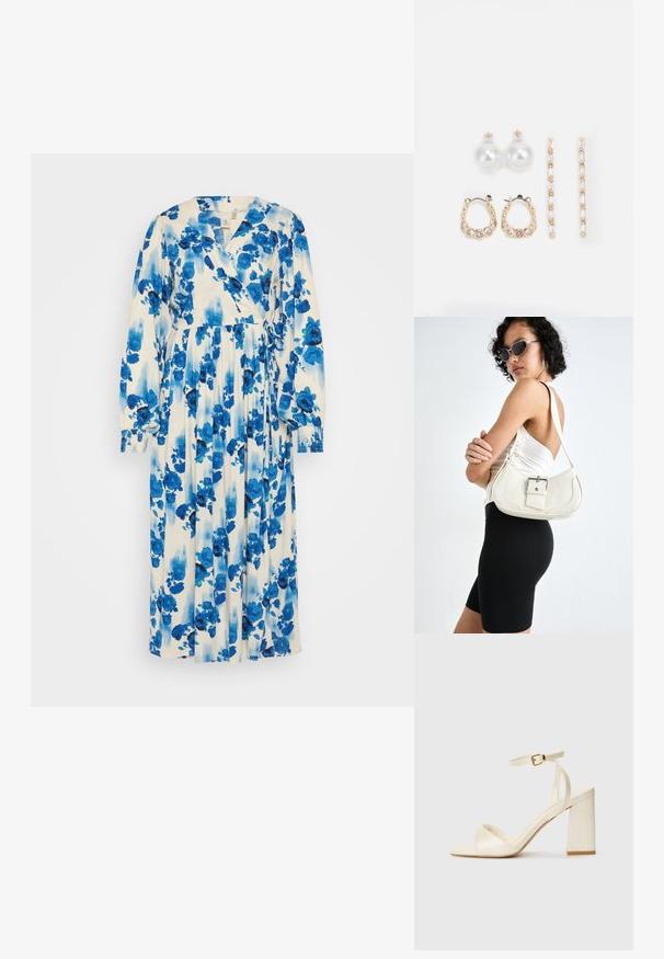 Garšs ziedu raksta kleita baltā krāsā ar ziliem un tumši ziliem ziedu rakstiem. Īpaši iezīmēts ar apjozto dizainu, garām piedurknēm un sasietu vidukli.; Krēmkrāsas augstpapēža sānkurpes ar atvērtu purngalu, biezu bloku papēdi, plānu potītes jostu un smalku spīdīgu apdari. Josta ar sprādzi.; Balta ādas rokassoma ar izliekta formu, regulējamu siksniņu un mazu sprādzi. Modelis valkā pieguļošu melnu apģērbu.; Trīs auskariņu pāri: lieli baltie pērļu auskari, zelta riņķi ar caurspīdīgiem dārgakmeņiem un divi garie, taisnie zelta akcentu auskaru pāri ar spīdīgām detaļām.