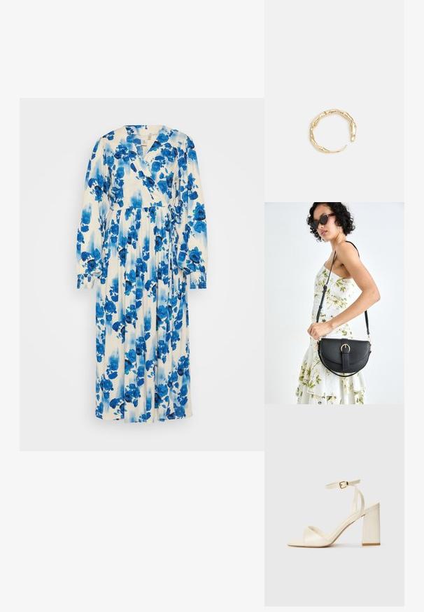 Dolga cvetna obleka v beli barvi z modrimi in temno modrimi cvetnimi vzorci. Ima zasnovo z ovitkom, dolge rokave in zavezan pas.; Sandali s peto v kremni barvi, z odprtim prstom, debelim blokastim petam, tankim gležnjarjem in subtilnim sijajem. Zaponka na traku.; Črna usnjena torbica s ukrivljeno obliko, z odstranljivo naramnico in zlatimi dodatki. Torbica ima pokrov s podrobnostmi v obliki zaponke.; Zlati prstan s organskim, zvitim dizajnom, gladko površino in taperiranimi konci, ki ustvarja modernega, skulpturalnega videza.