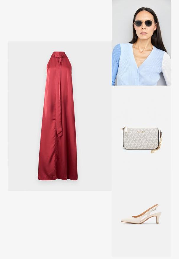 Rochie roșie din satin, cu guler halter și decolteu în formă de cheie, având o siluetă lungă și fluidă. Include un Accent legat la gât și o textură netedă.; Sandaie cu toc alb, cu vârful ascuțit, material superior neted, toc mic tip bloc și design cu decupaj lateral, cu curea ajustabilă.; Ochelari de soare rotunzi cu lentile întunecate și rame aurii. Modelul poartă un cardigan ribbed de culoare albastru deschis cu nasturi și mâneci albe în contrast.; Clutch Michael Kors din canva acoperit bej, cu un model repetitiv al logo-ului MK, accesorii din aur și o curea cu lanț detașabil.