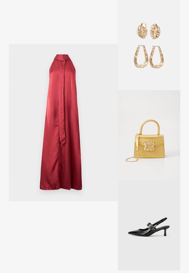 Vestido halter de cetim vermelho com um decote em forma de olho-chave e uma silhueta longa e fluida. Apresenta um detalhe atado no decote e uma textura suave.; Saltos slingback em verniz preto com bico pontiagudo e um pequeno salto bloco, apresentando um detalhe de fivela prateada na tira.; Bolsa amarela em pele de crocodilo falsa, com um design estruturado, pega no topo, alça de corrente removível e decoração de cristal no fecho.; Brincos em tom de ouro com formas onduladas e texturizadas. Inclui studs escultóricos com presilha e um design de argola aberta com um acabamento martelado.