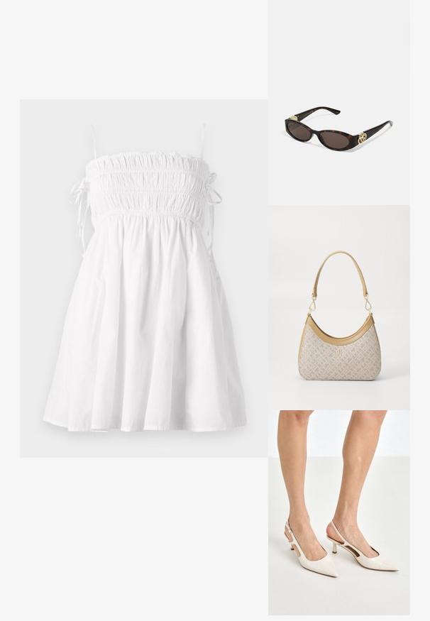 Robe d'été en coton blanc avec un corsage smocké, des bretelles fines et réglables, et une jupe évasée. Texture douce et design léger.; Escarpins à talon slingback en cuir verni beige avec un bout pointu et un talon de 5 cm, présentant des côtés découpés et une fine bride à la cheville.; Lunettes de soleil en écaille, avec des verres ovales allongés, teinte marron, accents de logo doré sur les branches et montures noires élégantes.; Sac à main en beige à motif, avec une forme incurvée, des accents en cuir et un logo en ton doré sur le devant. Il dispose d'une poignée courte pour un transport facile.