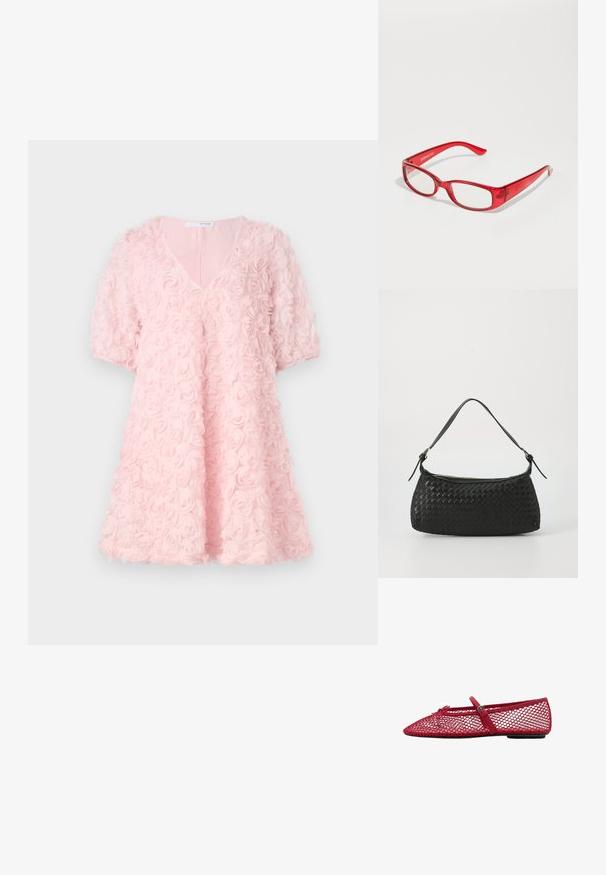 Robe rose en tissu à motif de roses, col en V, manches courtes ballon, silhouette évasée, finition texturée et matériau doux et léger.; Ballerines en maille rouge avec un bout pointu, dotées d'une fine bride et d'un détail à boucle. La tige présente un motif ouvert en nid d'abeille.; Des lunettes en plastique rouge avec une monture rectangulaire, des verres transparents et des branches fines. Le logo de la marque "even&odd" est embouti sur la branche.; Sac à épaule tissé noir avec une bandoulière en cuir lisse et une fermeture éclair. Présente une surface texturée et une forme courbée.