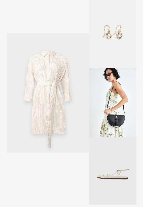 Ehe, pika-lange varrukatega kleit, millel on nööpidega esiosa, vöödiga talje ja tekstureeritud, volditud materjal. Omab klassikalist kraed ja pehmet sära.; Bežid lame sandaal, millel on mitu peenikest rihma ja reguleeritav pandla. Tallal on lame pind, mille ääres on kerge tumedam kontrast.; Mustmust mustraha kõverate joontega, eemaldatava rihmaga ja kuldsete detailidega. Kotil on klapp, millel on pandladetail.; Kuldtooni kõrvarõngad ovalikujuliste selgete kristallidega, mille ümber on väiksemad selged kivid, ja kaarvormiga disain, et tagada kindel kandmine.