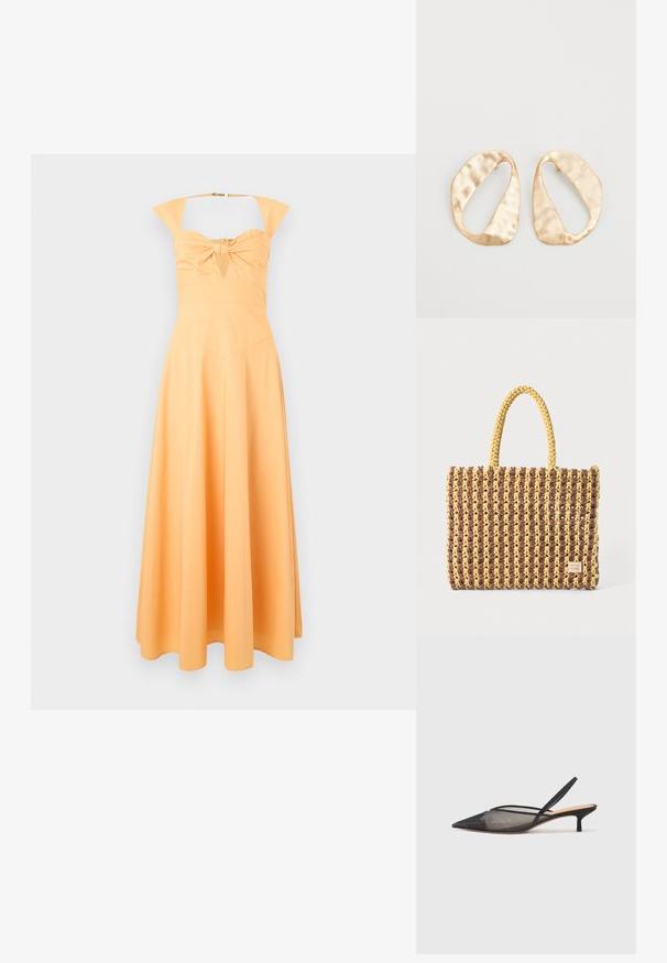Vestido amarelo com um corpete ajustado, detalhes em laço no centro e saia rodada. Apresenta alças largas e textura suave.; NEOUS IRENA - Saltos clássicos - black; Saco tecido em castanho e amarelo, com uma forma retangular, duas alças, e um acabamento texturizado com costura visível e uma etiqueta da marca.; Par de brincos irregulares em forma oval, feitos de metal dourado, com uma superfície texturizada e ligeiramente martelada, sobre um fundo branco.