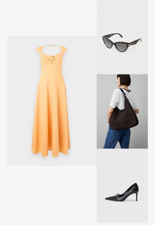 Vestido amarelo com um corpete ajustado, detalhes em laço no centro e saia rodada. Apresenta alças largas e textura suave.; Sapatilha de couro preto com bico fino, vamp baixo e um detalhe decorativo em ouro. Apresenta um salto agulha e uma textura suave.; Óculos de sol Michael Kors em forma de gato preto com lentes escuras graduadas e detalhes em logo dourado nas hastes, contra um fundo branco.; Mala de mão de couro castanho escuro com formato triangular, design elegante, detalhes em metal dourado e uma alça de ombro larga.