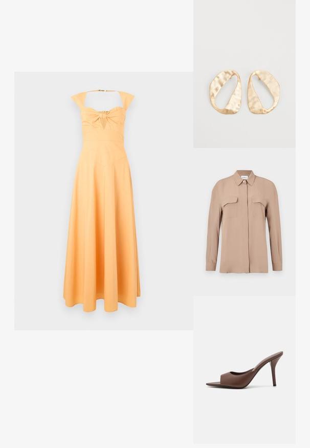 Žuta haljina s uskim korzetom, mašnom u središtu i lepršavom suknjom. Ima široke naramenice i glatku teksturu.; Bež košulja s dugim rukavima na kopčanje od laganog tkanja. Ima dva džepa na prsima i klasični ovratnik, s ravnim krojem i minimalističkim dizajnom.; Smeđe kožne mule s visokom potpeticom i otvorenim prstima, s elegantnim dizajnom, širokim prednjim remenom i vitkom stiletto potpeticom.; Par zlatnih metalnih naušnica nepravilnog ovalnog oblika s teksturiranom, blago kovanom površinom na bijeloj pozadini.