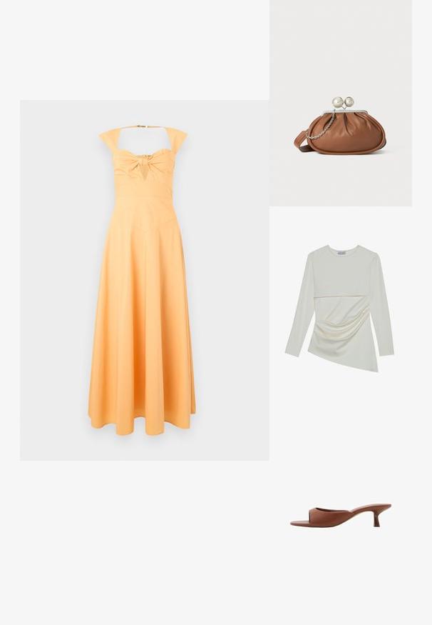 Rumena obleka s prilegajočim korzetom, z detajlom v obliki mašne na sredini in razširjenim krilom. Ima široke naramnice in gladko teksturo.; Dolga rokavi krema majica z okroglo ovratnikom, ki ima večplastno zasnovo in nabran detajl na spodnjem delu. Mehka tkanina z gladko teksturo.; Rjave odprte sandalje s peto z gladko, mat površino, ki imajo ukrivljen dizajn in prozorno, zoženo peto.; Rjava usnjena torbica z srebrnim krogličnim zapiranjem in majhno srebrno verigo na beli podlagi.