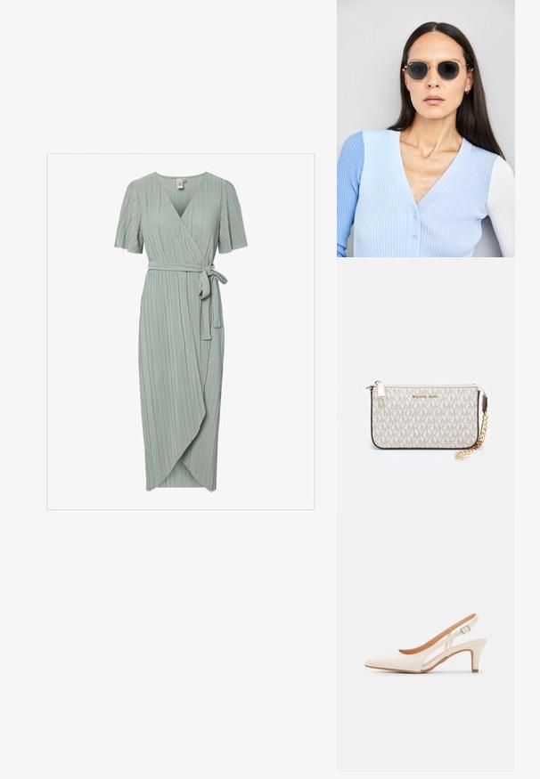 Knælang, myk grønn omslagskjole med korte ermer, vertikale folder, V-hals og en knyttet belte i midjen. Lengden faller rett under kneet.; Hvit slingback-hel med spiss tå, glatt overmateriale, lav blokkhelt, og cut-out-design på siden med justerbar spenne.; Runde solbriller med mørke linser og guldrammer. Modellen har en lyseblå, ribbet cardigan med knapper og kontrast hvide ærmer på.; Michael Kors håndleddsveske i beige belagt kanvas med et gjentakende MK-logo mønster, gullfarget maskinvare og en avtakbar kjede-rem.