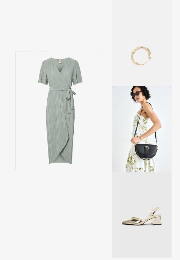 Sukňa po kolená, mäkká zelená zavinovacia šaty s krátkymi rukávmi, vertikálnymi skladmi, výstrihom do V a opaskom viazaným v páse. Dĺžka sukne je tesne pod kolenom.; Zlaté kovové lodičky na podpätku so špicatou špičkou a robustným podpätkom. Hladký povrch, minimalistický dizajn a úzka remienok.; Čierna kožená kabelka s zaobleným tvarom, odnímateľným popruhom a zlatými doplnkami. Kabelka má klopu s detailom s prackou.; Prsteň v zlatej farbe s organickým, skrúteným dizajnom, hladkým povrchom a zužujúcimi sa koncami, vytvárajúci moderný, sochársky vzhľad.