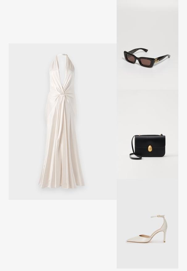Halter nyakú, földig érő ruha selymes elefántcsont szövetből, mély V-nyakkivágással és csavarodott elülső részlettel, amelynek lágyan hullámzó szoknyája és sima textúrája van.; Fehér bőr, magassarkú cipő hegyes orral, bokapánttal és vékony tűs sarkal. Simaszövet, finom fényes felülettel.; Fekete teknőctoll mintás napszemüveg téglalap alakú lencsékkel, barna színű árnyékolással, vastag kerettel és arany kettős G logó díszítéssel a szárakon.; Fekete bőr kézitáska, struktúrált, téglalap alakú formával. Arany ovális kapoccsal és vékony vállpánttal rendelkezik. Sima textúrájú.