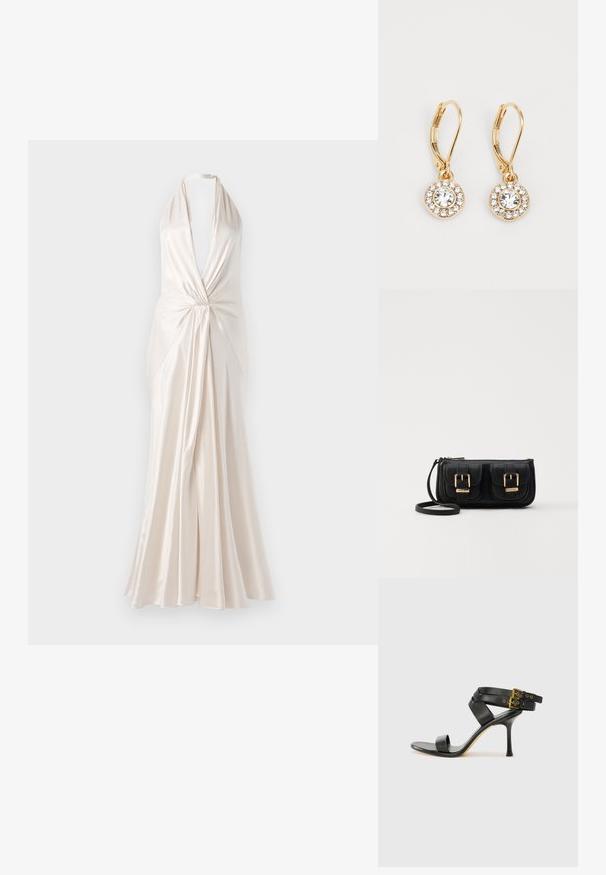 Halterio tipo suknelė iki žemės, pagaminta iš šilkinio dramblio kaulo audinio, su gilia V formos iškirpte ir sukta priekyje, pasižymi plačią sijoną ir lygiu tekstūru.; Juodi kulniškų sandalai su kryžminėmis juostelėmis ir reguliuojamu sagtimi. Ypatybė – lygus paviršius ir siauras smailas kulnas.; Juodas odinis per petį nešiojamas krepšys su dviem priekiniais kišenėmis, auksiniais sagtimis, užtrauktuko uždarymu ir siauromis petnešomis. Textūruota paviršius ir kompaktiškas stačiakampis formatas.; Auksiniai apskriti auskarai su centru esančiu skaidriu kristalu, apsuptu mažesnių skaidrių akmenukų, su užrakto mechanizmu, užtikrinančiu saugų dėvėjimą.