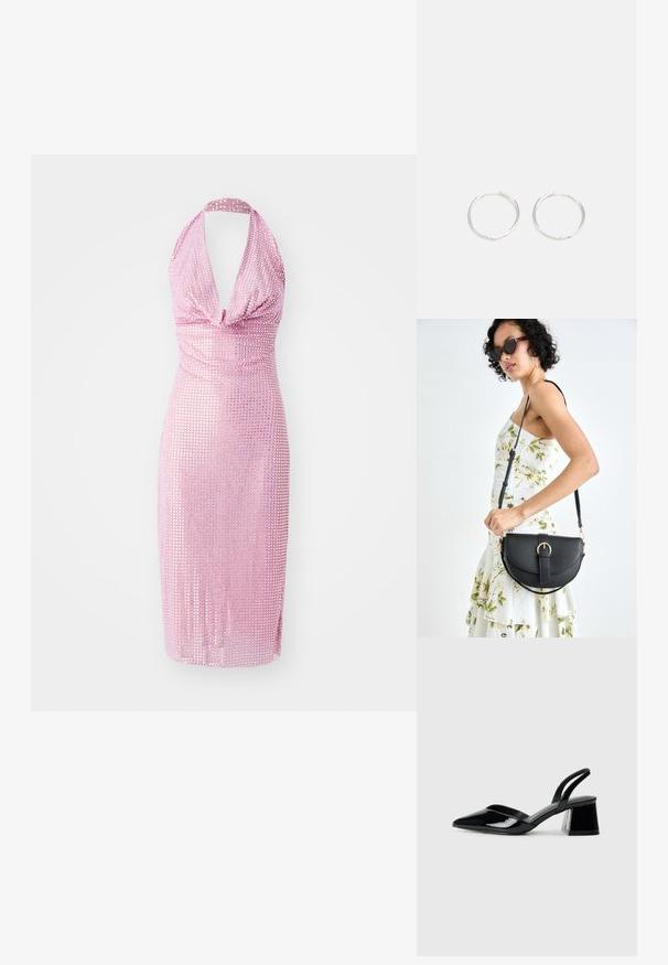 Háltrész nélküli ruha fényes rózsaszín anyagból, kisebb tükörmozaikokkal díszítve. Formába simuló fazon, térdhez érő hosszúsággal és redőzött elülső résszel.; Fekete lakk bőr szandálkés magas sarkú cipő, hegyes orral és geometrikus tömbsarkakkal. Karcsú, minimalista dizájn és sima textúra jellemzi.; Fekete bőrtáska ívelt formával, levehető pánttal és arany színű fémrészekkel. A táskán egy csattal díszített fedél található.; Ezüst karika fülbevalók, letisztult, kerek formával, sima felülettel és látható díszítés nélkül. A átmérő nem megadott.