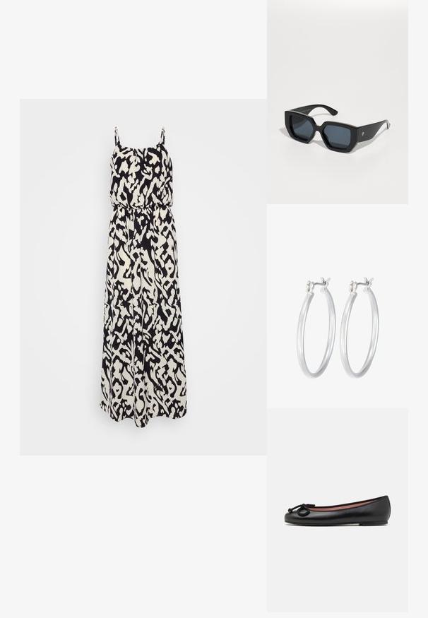 Melna un balta rakstota maksi kleita ar plānām siksnām, elastīgu jostu un plūstošu audumu, kas piedāvā abstraktu dizainu un vieglu tekstūru.; Melnas ādas baleta kurpes ar apaļu pirkstu, dekora elements ir iestrādāts ziediņš un gluda tekstūra. Minimālisma dizains ar zemu, platu zoli.; Melnas lielas saulesbrilles ar ģeometrisku dizainu, taisnstūrveida lēcas un spīdīgu apdari. Uz priekša nav redzama zīmola.; Sudraba riņķveida auss gredzeni ar gludu, pulētu apdari. Apaļa forma un drošs klikšķa augšējais slēgums. Viegls dizains, kas piemērots ikdienas valkāšanai.