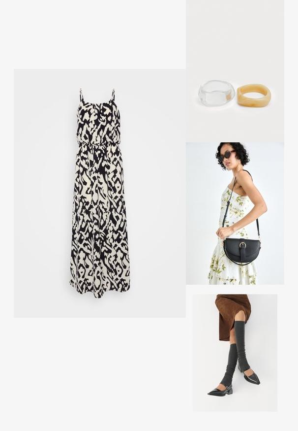 Vestido maxi em preto e branco com padrão, alças finas, cintura elástica e tecido fluido, apresentando um design abstrato e textura leve.; Sapatos pretos de pele lacada com biqueira pontuda, salto bloco e tiras no tornozelo, combinados com caneleiras cinzas em malha e uma saia de camurça castanha.; Bolsa de couro preta com forma curva, alça destacável e detalhes em dourado. A bolsa possui uma aba com detalhe de fivela.; Anéis de resina clara e âmbar, um liso e transparente, o outro com um acabamento texturizado em âmbar. Ambos apresentam designs arredondados e robustos.