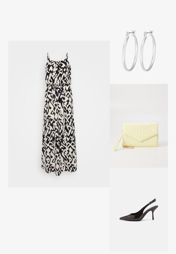 Czarna i biała, wzorzysta sukienka maxi z cienkimi ramiączkami, elastyczną talią i zwiewnym materiałem, z abstrakcyjnym wzorem i lekką teksturą.; Sandały na obcasie typu slingback z błyszczącej ciemno-brązowej lakierowanej skóry, w szpic, z otwartymi bokami i regulowanym paskiem wokół kostki.; Żółty pleciony portfel kopertowy z klapką, odczepianym paskiem na nadgarstek i złotym akcentem łańcuszka. Gładka tekstura i prostokątny kształt.; Srebrne kolczyki w formie kółek o gładkim, polerowanym wykończeniu. O okrągłym kształcie i pewnym zapięciu na klik. Lekka konstrukcja odpowiednia do codziennego noszenia.