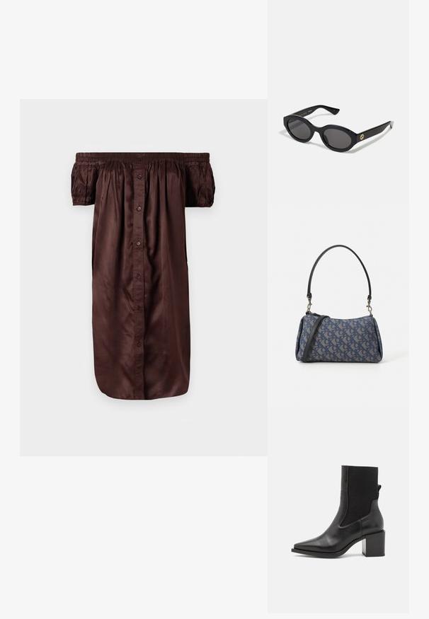 Pruun õlavarrelt avatud kleit, mis on valmistatud siledast kangast, millel on nöörkleit, elastsed varrukad ja lõdvestunud siluett.; Mustad mustaed jalats, millel on terav varvas, valmistatud siledast nahast ja elastsemast kangast. Omab plokknõela ja minimalistliku disaini.; Mustad mustad prillid tumedate läätsedega ja läikiva plastraamiga. Omab kuldset logo põlveosal, pakkudes stiilset ja kaasaegset disaini.; Sinine mustriga kangast käekott, millel on kootud disain, must nahkrist ja logo heledamas toonis.