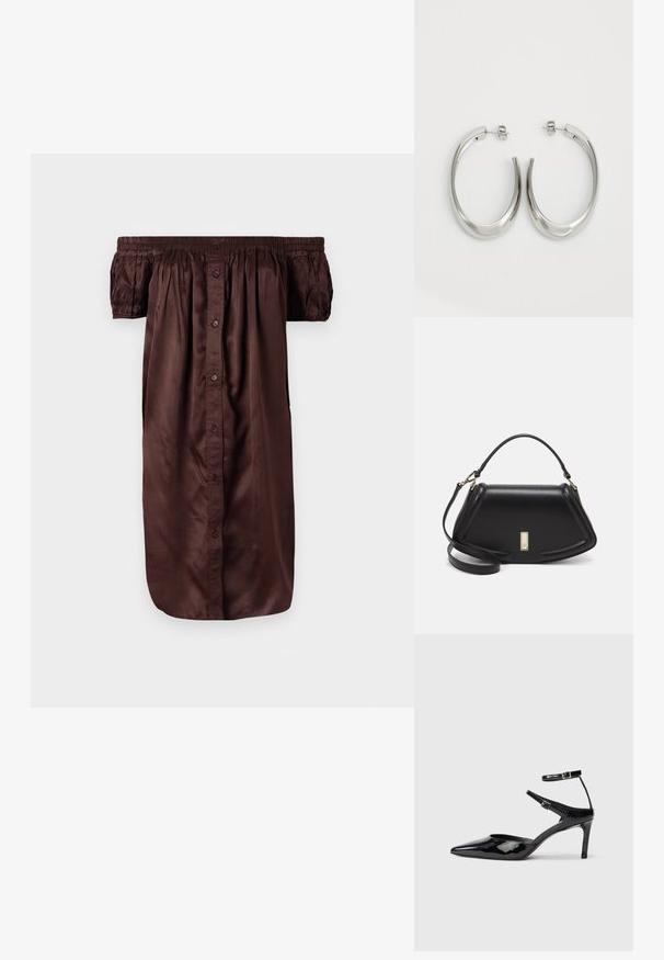 Rjava obleka brez naramnic iz gladkega materiala, z gumbi spredaj, elastičnimi rokavi in sproščenim krojem.; Črne lakirane čevlje z visoko peto in ožjim prstom, z nastavljivimi gležnjastimi trakovi in tankim peto. Gladka tekstura z sijočim zaključkom.; Črna usnjena torbica s strukturnim dizajnom, ki ima skrajšano obliko, zgornji ročaj in zlate dodatke. Vključena je nastavljiva ramenska naramnica.; Srebrni uhani v obliki obroča z gladkim, ukrivljenim oblikovanjem. Imajo sijajno kovinsko površino in zapiranje na žebljiček. Brez vidnih vzorcev ali dodatkov.