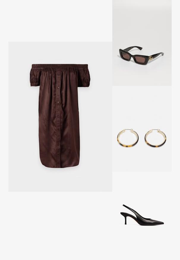 Brown off-the-shoulder dress made of smooth fabric, featuring a button-down front, elasticized sleeves, and a relaxed silhouette.; NA-KD Classic heels - black; Black tortoiseshell sunglasses with rectangular lenses, brown tint, thick frame, and gold double-G logo detail on the temple.; Gold-tone hoop earrings with a tortoiseshell-patterned resin outer edge, featuring a smooth finish and a sleek, circular shape.