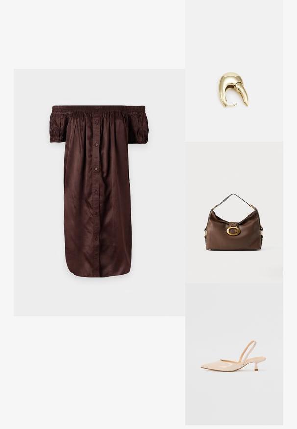 Brązowa sukienka ze spuszczonymi ramionami, wykonana z gładkiego materiału, z zapięciem na guziki z przodu, elastycznymi rękawami i luźnym krojem.; Beżowe lakierowane czółenka na odkrytej pięcie z zasunięciem, z ostrym noskiem i smukłym, kwadratowym obcasem. Gładka faktura i minimalistyczny design bez zdobień.; Brązowa skórzana torebka o teksturowanym wykończeniu, z zapięciem w kolorze złota i pojedynczym, zakrzywionym paskiem na ramię.; Złote metalowe kolczyki o eleganckim, zakrzywionym kształcie. Posiadają charakterystyczny szpiczasty kształt, polerowaną powierzchnię oraz zapięcie na zawias.