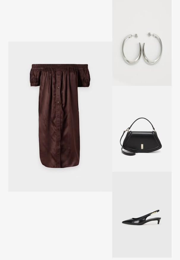 Robe marron décolletée, en tissu lisse, avec un devant à boutons, des manches élastiquées et une silhouette décontractée.; Talons hauts en cuir noir avec un bout pointu, dotés d'un talon fin et d'un accent en ton or sur la lanière réglable. Texture lisse.; Sac à main en cuir noir avec un design structuré, featuring une forme cropped, une poignée supérieure et des accents en matériel doré. Bandoulière réglable incluse.; Boucles d'oreilles en argent avec un design lisse et courbé. Présentent une finition métallique brillante et une fermeture à clou. Pas de motifs ou d'accents visibles.