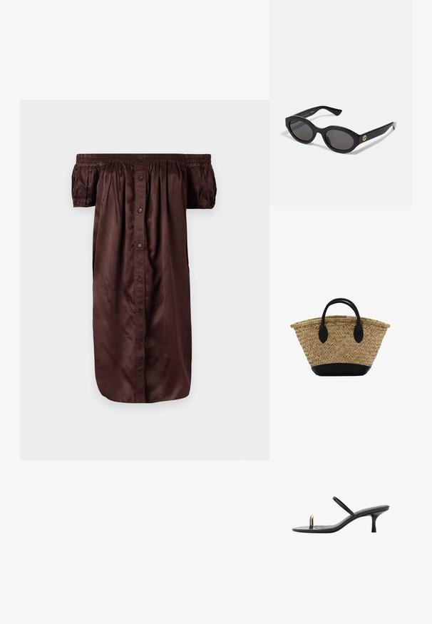 Braunes schulterfreies Kleid aus glattem Stoff, mit einer durchgehenden Knopfleiste, elastischen Ärmeln und einer lässigen Silhouette.; Schwarze High Heel Sandale mit einem schlichten Design, featuring dünnen Riemen und einem einzigartigen Vorderakzent. Glatte Oberfläche mit einer spitzen Zehenform und einem 7,5 cm hohen Absatz.; Schwarze ovale Sonnenbrille mit dunklen Gläsern und glänzendem Kunststoffrahmen. Mit goldenem Logo am Bügel, das ein elegantes und modernes Design bietet.; Geflochtener Strohkorb mit einer ausgestellten Form, ausgestattet mit einem schwarzen Lederboden und -griffen. Strukturierte natürliche Fasern mit glatten schwarzen Akzenten.
