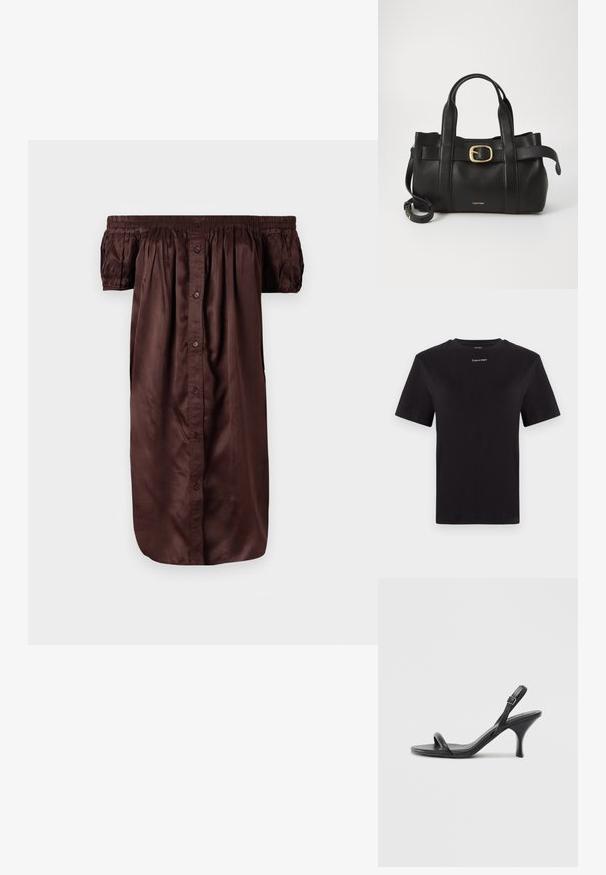 Ruda suknelė be petnešų, pagaminta iš lygaus audinio, su mygtukais priekyje, elastinėmis rankovėmis ir laisvu siluetu.; Juodas medvilninis marškinėliai trumpomis rankovėmis, apykaklė, su mažu baltu "Calvin Klein" logotipu krūtinėje. Lygus paviršius, klasikinis siluetas.; Juodos odinės aukštakulnės šlepetės su plonu, kreiviu kulnu ir kryžminiu dirželio dizainu. Reguliuojamas kulkšnies dirželis. Lygus paviršius.; Juodas odinis rankinės maišas su struktūrizuotu dizainu, dviem viršutinėmis rankenomis, auksinės spalvos sagtimi ir iškilniu prekės ženklu priekyje.