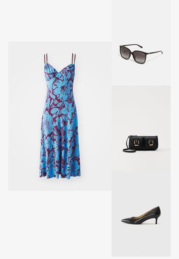 Bezramenné šaty s modrým květinovým potiskem na tmavě fialovém pozadí; mají nastavitelné špagetové ramínka a uvolněný střih.; Černé kožené lodičky s špičatou špičkou, nízkým podpatkem a hladkým povrchem. Mají mírné otevření vpředu a minimální kovové prvky na zadní straně.; Černé obdélníkové sluneční brýle se zrcadlovými skly, plastový rám a kovový logový akcent na spánku. Klasický design s hladkým povrchem.; Černá kožená crossbody taška se dvěma předními kapsami, zlatými přezkami, zipovým uzávěrem a štíhlým popruhem. Texturovaný povrch a kompaktní obdélníkový tvar.