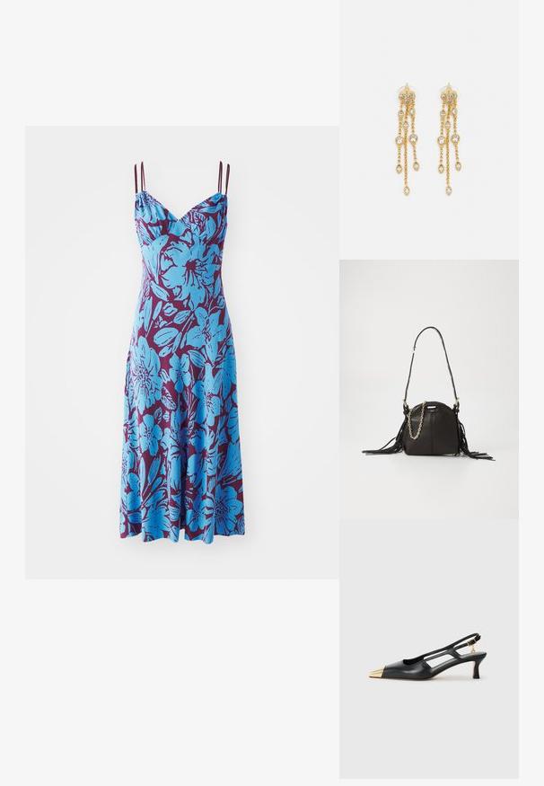 Haljina bez rukava s plavim cvjetnim uzorkom na tamnopurple pozadini; ima podesive spageti naramenice i opušteni kroj.; Crne kožne sandale s otvorenom petom i šiljastim vrhom, zlatni metalni vrh. Imaju izrezbareni dizajn i vitku petu s podesivim remenom.; Crna kožna torba za ruke sa zaobljenim oblikom, koja ima resice, dugu naramenicu i detalje od zlatnog lanca.; Zlatne naušnice s višestrukim kaskadnim lancima, s prozirnim ovalnim cirkonima i dekorativnim šiljcima na vrhu.