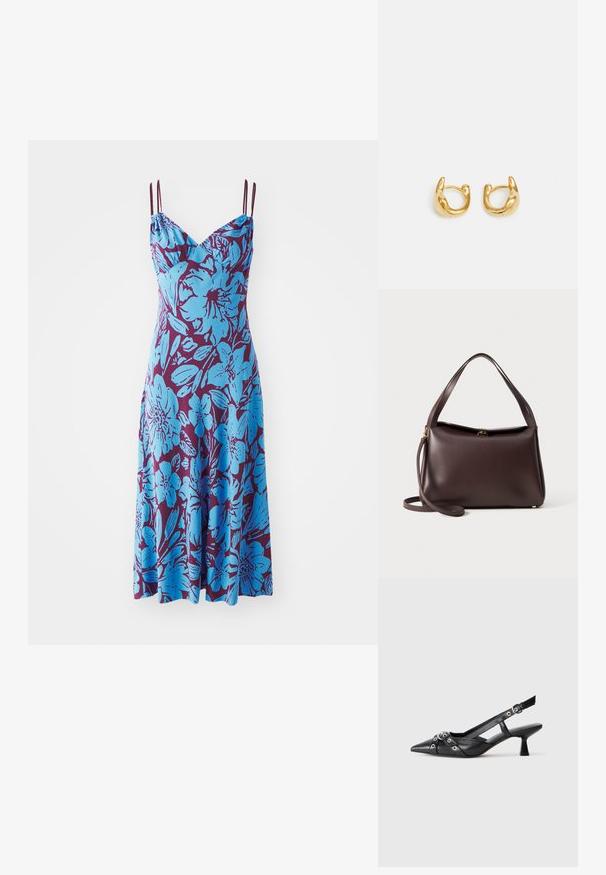 Haljina bez rukava s plavim cvjetnim uzorkom na tamnopurple pozadini; ima podesive spageti naramenice i opušteni kroj.; Crne kožne cipele s remenom oko pete, s izduženim vrhom, dekorativnim trakama s metalnim rupama i niskom blok petom. Teksturirana površina.; Smeđa kožna torba s strukturiranim oblikom, s jednim gornjim ručkom i odvojivim remenom za rame. Detalji od zlatnog metala.; Zlatne naušnice u obliku prstena s glatkim, zaobljenim dizajnom i sjajnom površinom. Naušnice imaju kompaktan, čvrst oblik i bešavni kopč.