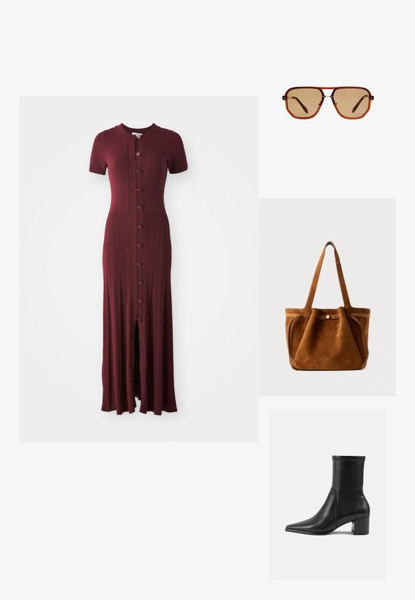 Bordeaux geribbelde maxi-jurk met korte mouwen, ronde halslijn en knoopsluiting aan de voorkant. Heeft een split in het midden en een gestructureerd patroon.; Zwarte enkelboot van soepel leer, met een spitse neus, een blokhak en duidelijke verhoogde stiksels aan de bovenrand.; Bruine octagonale zonnebril met een transparant amberkleurig frame en bruin getinte lenzen. Heeft een metalen accent op de brug en slanke veren.; Bruine suède totebag met dubbele handvaten, een knoopsluiting en een ontspannen, iets slonzige vorm.