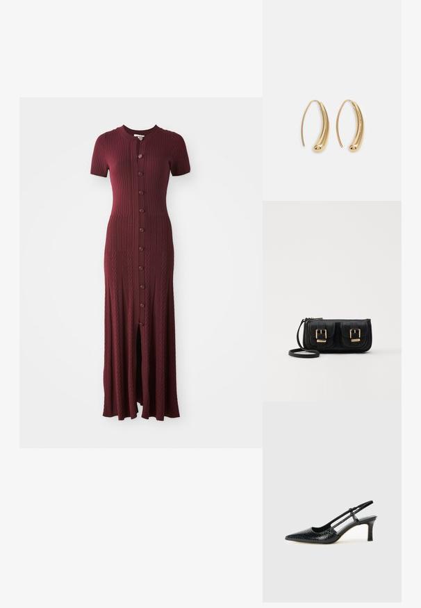 Abito maxi bordeaux a coste con maniche corte, scollatura rotonda e patta di bottoni sul davanti. Presenta uno spacco centrale e un motivo testurizzato.; Slingback con tacco in vernice nera con punta affusolata, caratterizzato da una stampa a serpente testurizzata, cinturino regolabile e un tacco corto e testurizzato.; Borsa a tracolla nera in pelle con due tasche frontali, fibbie dorate, chiusura con zip e una tracolla sottile. Superficie texturizzata e forma rettangolare compatta.; Orecchini a cerchio in metallo color oro con forma curva ed allungata. Presentano una superficie liscia e lucida e una punta arrotondata per un tocco di dettaglio in più.