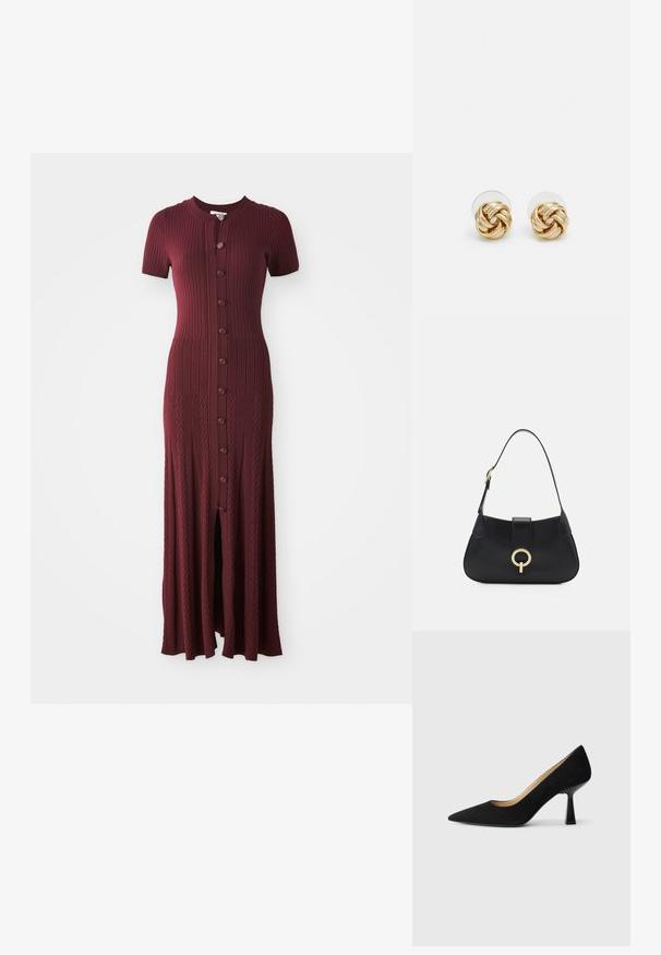 Burgundy ribbed maxi dress with short sleeves, round neckline, and button-down front. Features a center slit and textured pattern.; Black suede high-heeled pump with a pointed toe, featuring a glossy black block heel and a smooth interior lining.; Black leather handbag with a curved silhouette, short strap, central gold-tone hardware, and smooth texture. No visible patterns or accents.; Gold-tone knot stud earrings with a twisted design. Each earring features a circular clear backing for secure wear.