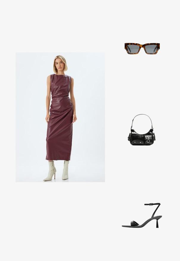 Koton Paitamekko - bordeaux; Bershka Korolliset sandaalit - black; Kilpikonnakuosiset aurinkolasit, joissa on kulmikkaat kehykset, harmaat linssit ja sileä pinta. Ominaisuuksiin kuuluu rohkea geometrinen muotoilu ja paksut templet.; Mustekko mustasta kiiltonahasta valmistettu käsilaukku, jossa on kaareva muoto, yksi olkahihna, etutaskut ja hopeanväriset yksityiskohdat.