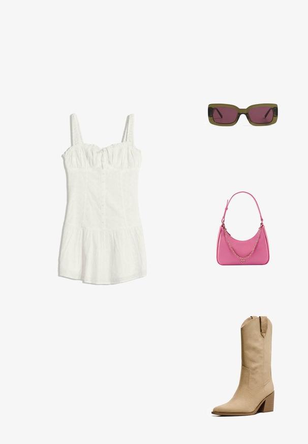 Weißes ärmelloses Kleid aus Spitze mit Knopfleiste, gerafftem Brustbereich, taillierter Taille und weit ausladendem Saum.; Bershka HIGH-HEEL - Cowboy-/Bikerboot - beige; Rechteckige Sonnenbrille mit einem olivgrünen Rahmen und tiefrosafarbenen Gläsern. Der Rahmen hat eine glänzende Oberfläche, während die Bügel schlank und gerade sind.; Rosa synthetische Schultertasche mit geschwungener Form, glatter Textur, abnehmbarem Kettenriemen und einem runden Logodetail auf der Vorderseite.