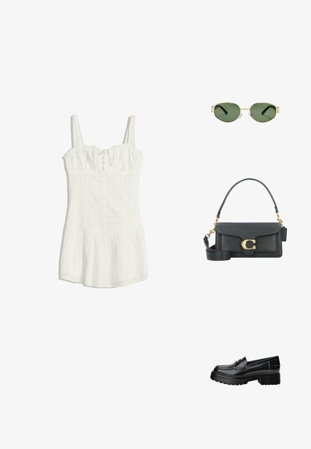 Weißes ärmelloses Kleid aus Spitze mit Knopfleiste, gerafftem Brustbereich, taillierter Taille und weit ausladendem Saum.; Schwarze Lacklederschlüpfer mit einer klobigen Sohle, ausgestattet mit einem dekorativen Riemen und subtilen Nähten. Gummierte Textur auf der Außensohle.; Sonnenbrille mit goldfarbenem Metallrahmen, grünen getönten Gläsern, ovaler Form, schwarzen Bügeln und klaren Nasenpads. Sauberes, minimalistisches Design.; Schwarze Lederhandtasche mit goldenen Hardware-Akzenten, ausgestattet mit einem charakteristischen Verschluss, einem abnehmbaren Schultergurt und einer strukturierten Oberfläche.