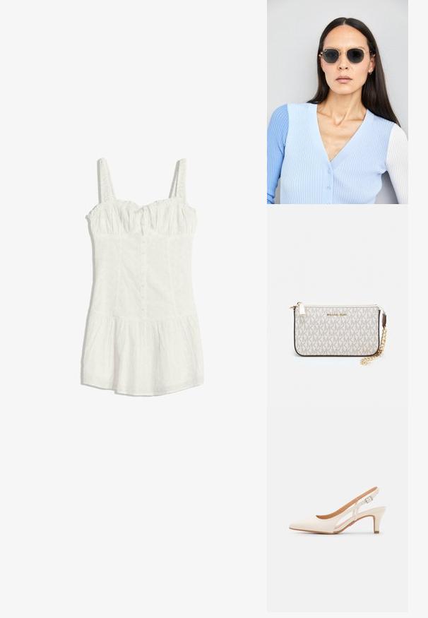 Fehér ujjatlan ruha lyukacsos anyagból, gombos elülső rész, ráncolt mellrész, illeszkedő derék és bővülő szoknyások.; Fehér slingback sarok, hegyes orral, sima felső anyaggal, alacsony blokk sarkával és oldalsó kivágott dizájnnal, állítható csatpánttal.; Kerek napszemüveg sötét lencsékkel és arany kerettel. A modellen világoskék, bordázott kardigán van gombokkal és kontrasztos fehér ujjaival.; Michael Kors bézs bevonatos vászon karkötő, amely ismétlődő MK logó mintával, aranyszínű fémrészletekkel és levehető lánchordóval rendelkezik.