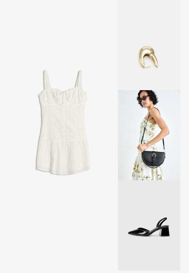 Rochie albă fără mâneci, din țesătură cu perforații, cu închidere prin nasturi pe față, bust plisat, talie ajustată și hem fustă evazată.; Pantofi cu toc slingback din piele lacuită neagră, cu vârf ascuțit și toc geometric. Prezintă un design elegant, minimalist și o textură netedă.; Geantă din piele neagră, cu o formă curbată, curea detașabilă și accesorii aurii. Geanta are un capac cu un detaliu tip cataramă.; Cercei din metal de culoare aurie cu un design elegant și curbat. Prezintă o formă distinctivă, ascuțită, o suprafață lustruită și un sistem de închidere cu balama.