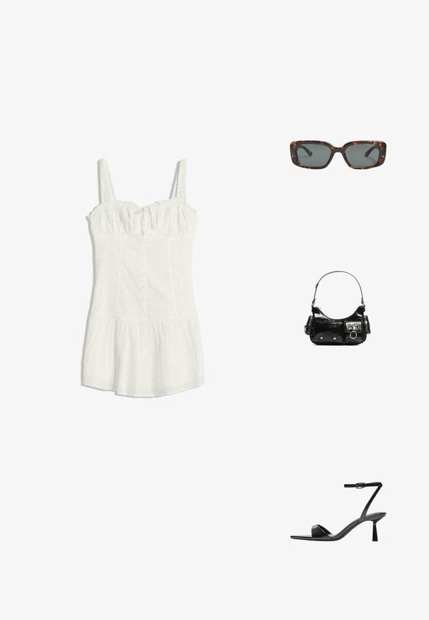 Robe blanche sans manches en tissu à œillets, avec un devant à boutons, un buste froncé, une taille cintrée et un ourlet de jupe évasé.; Bershka Sandales à talons hauts - black; Lunettes de soleil en écaille de tortue avec des verres rectangulaires, monture épaisse et verres teintés foncés. Texture lisse et design minimaliste.; Sac à main en cuir verni noir avec une forme incurvée, une bandoulière, des poches avant et des accents en métal argenté.