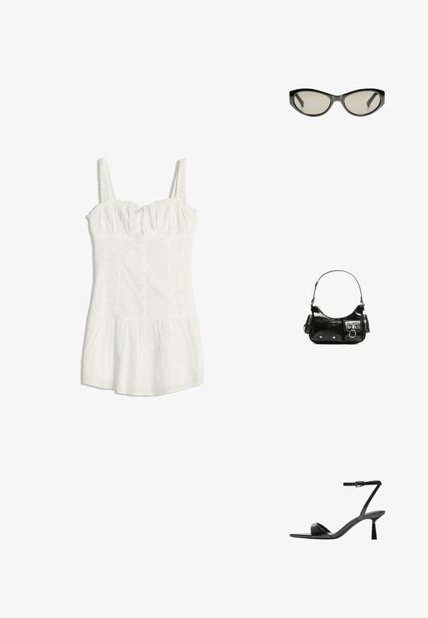 Vit ärmlös klänning med håligt tyg, knäppning framtill, rynkad byst, åtsittande midja och utsvängd nederkant.; Bershka Sandaletter - black; Svarta cat-eye solglasögon med gråtonade linser. Plastbågen har skarpa kanter och en slät, blank yta.; Svart lackläderhandväska med en rundad form, en axelrem, framfickor och detaljer i silverfärg.