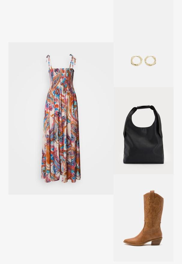Sukienka maxi z marszczonym stanikiem, regulowanymi ramiączkami i intensywnym wzorem paisley w kolorze różowym, pomarańczowym i niebieskim na jasnym tle.; Brązowe skórzane kowbojki z wyciągniętym nosem, haftowanymi wzorami spiralnymi na cholewie oraz blokowym obcasem. Posiadają pętlę ułatwiającą zakładanie.; Czarna skórzana torba hobo z pojedynczym, miękkim, zaokrąglonym uchwytem; charakteryzuje się gładką teksturą i minimalistycznym designem. Brak widocznych elementów metalowych lub akcentów.; Złote kolczyki w kształcie obręczy o teksturowanej, nieregularnej formie. Posiadają bezszwowe zapięcie oraz polerowane wykończenie, podkreślające nowoczesny design.
