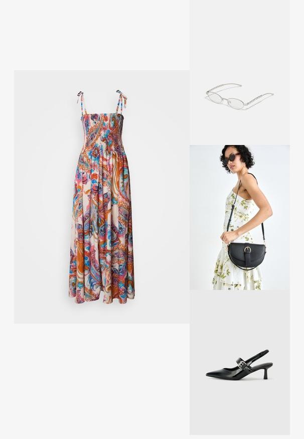 Maximekko, jossa on smockattu yläosa, säädettävät solmittavat hihnat ja kirkas paisley-kuvio pinkin, oranssin ja sinisen sävyissä vaalealla taustalla.; Musta patenttinaahkakengät, joissa on osoittava kärki ja pieni lohko korko, varustettuna hopeisella soljella hihnassa.; Silmät ovalit metalliväriset hopeakehyksiset, kirkkailla linsseillä ja tekstuurilla varustetuilla helmille. Kevyt muotoilu kaarevilla varsilla.; Musta nahkainen käsilaukku, joka on kaareva muotoilultaan, irrotettavalla hihnalla ja kultaisilla yksityiskohdilla. Laukussa on läppä, jossa on solk yksityiskohta.